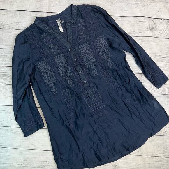 Monoreno Navy Blue Silk and Cotton Embroidered Long Sleeve Tunic Top Size Small - Picture 1 of 5